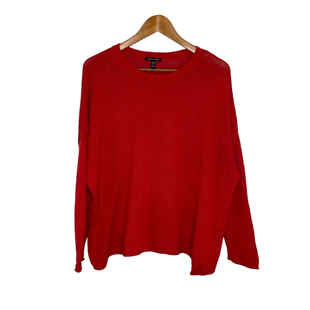 Women's 1X Eileen Fisher Organic Cotton/Linen Red Crewneck Pullover Sweater